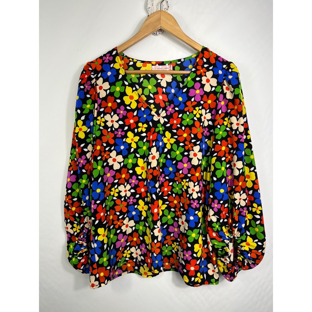 Traffic People Womens Multicolor Floral V-Neck Puff Sleeve Blouse Size M Black